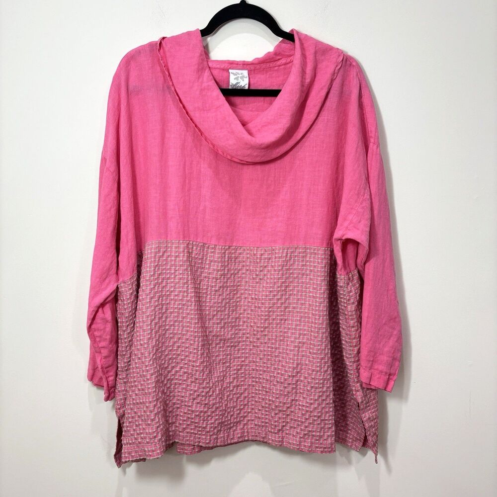 VTG MATCH POINT Pink Linen Cowl Neck Top L Plaid Artsy Lagenlook Coastal USA